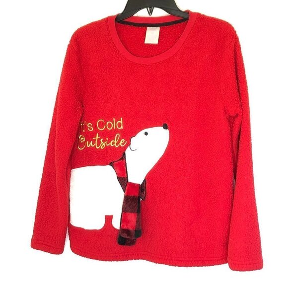 Red Fleece Sleep Top has Faux Fur Polar Bear Wearing Red Plaid Scarf Small - Picture 1 of 6